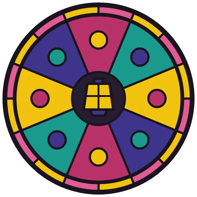 A round carnival-glass window in magenta, teal, gold and indigo with a lantern at its centre